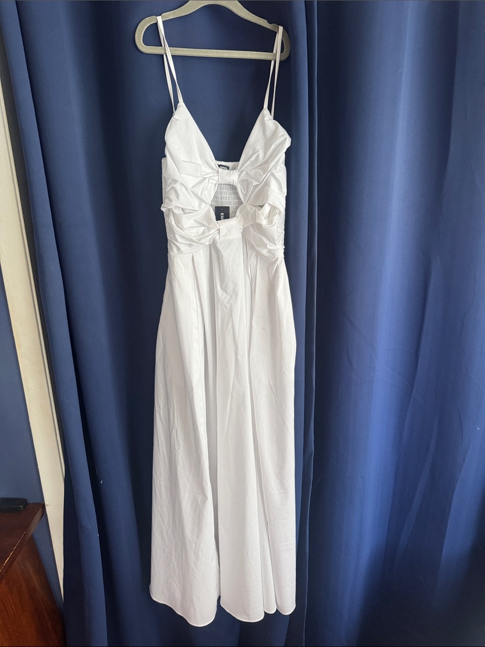 White Spaghetti-Strap Maxi Dress with Ruched Bodice
